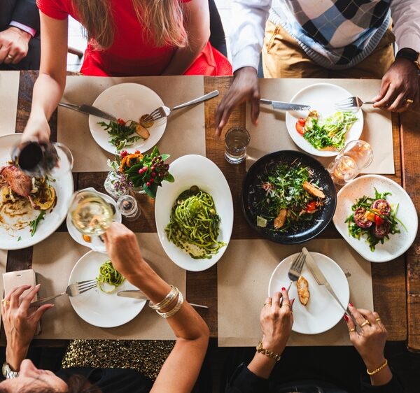 Table with diverse group dining